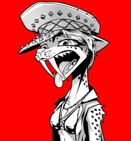 alternative_fashion anthro bra breasts chain clothed clothed_anthro clothed_female clothing eyeliner fangs female female_anthro fur hair hat headgear headwear long_fangs makeup markings open_mouth punk red_background sabertooth_(anatomy) sharp_teeth short_hair simple_background slim slim_anthro slim_female small_breasts solo spots spotted_body spotted_fur teeth tongue tongue_out topwear underwear vest gatonejo felid mammal prehistoric_species saber-toothed_tiger 2024 absurd_res hi_res