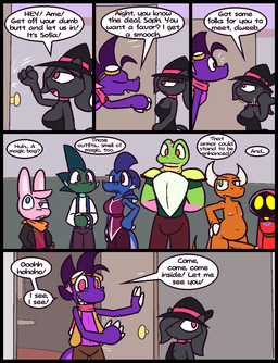 2_horns 4_fingers anthro armor bag balls black_body black_clothing black_dress black_hat black_headwear black_jacket black_topwear blue_body blue_clothing blue_eyes blue_hood blue_robe blue_scales blue_topwear blue_vest bottomwear breastplate breasts brown_bottomwear brown_clothing brown_pants brown_topwear brown_vest buckteeth bulge cape choker claws clothed clothing dialogue door dress erection eyewear eyewear_on_head female finger_claws fingers fist frown fur genitals gesture glans goggles goggles_on_head green_body green_clothing green_eyes green_hair green_scales green_shirt green_skin green_topwear grey_body grey_fur grey_hair group hair hand_gesture hand_on_hip hands_behind_back hands_together hat headgear headwear horn humanoid_genitalia humanoid_penis jacket jewelry kerchief knocking male medium_breasts motion_lines mouthless necklace nipples no_pupils open_clothing open_jacket open_mouth open_topwear open_vest orange_balls orange_eyes orange_kerchief orange_penis outside pants penis pink_body pink_choker pink_clothing pink_eyes pink_fur pink_glans pink_hair pink_hat pink_headwear pink_jewelry pink_necklace pink_nipples pink_scales pink_scarf pink_skin pointing purple_body purple_hair purple_scales red_bottomwear red_cape red_clothing red_hood red_pants red_robe red_shirt red_topwear red_tunic robe scales scarf shirt shoulder_pads slightly_chubby slightly_chubby_anthro slightly_chubby_male smile speech_bubble standing tail teeth text topwear tunic vest white_claws white_clothing white_horn white_inner_ear white_shirt white_topwear witch_hat yellow_body yellow_eyes yellow_skin ultilix european_mythology mythology amethyst_(ultilix) caspar_(ultilix) emerald_(ultilix) leo_the_magician ruby_(ultilix) sofia_(ultilix) to-be-named-later wes_(ultilix) amphibian demon domestic_cat dragon felid feline felis frog humanoid lagomorph leporid mammal mythological_creature mythological_scalie rabbit scalie shadow_creature western_dragon 2024 comic english_text multiple_scenes brother_(lore) brother_and_sister_(lore) sibling_(lore) sister_(lore)