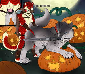 animal_genitalia animal_vulva anthro anthro_on_feral anthro_penetrating anthro_penetrating_feral bestiality black_vulva blue_eyes canine_genitalia canine_vulva cutaway duo female female_feral female_penetrated feral feral_penetrated food fruit fur genitals green_eyes grey_body grey_fur hair heterochromia larger_female larger_feral larger_penetrated looking_back male male/female male_anthro male_penetrating male_penetrating_female markings mating_grip melee_weapon moon night object_in_mouth outside penetration penile penile_penetration penis_in_vagina plant pumpkin red_body red_fur red_hair sex short_hair side_view size_difference smaller_anthro smaller_male standing striped_arms striped_legs striped_markings striped_tail stripes sword sword_in_mouth tail tail_markings text vaginal vaginal_penetration vulva weapon weapon_in_mouth yellow_body yellow_eyes yellow_fur killthe_demon angel_(velvetvlade) canid canine canis felid mammal wolf english_text hi_res