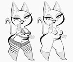 anthro belly bottomless bra breasts clothed clothing curvy_figure female fishnet_clothing fishnet_legwear footwear garter_belt garter_straps genitals high_heels legwear lipstick makeup markings mole_(marking) mostly_nude narrowed_eyes nipples nude off/on open_mouth pussy shoes solo standing underwear xu53r animal_crossing nintendo olivia_(animal_crossing) domestic_cat felid feline felis mammal 2021 greyscale monochrome