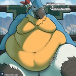 anthro beak dialogue feathers gurgle_(sound_effect) half-closed_eyes looking_at_viewer male moobs morbidly_obese morbidly_obese_anthro morbidly_obese_male narrowed_eyes navel obese obese_anthro obese_male open_mouth overweight overweight_anthro overweight_male rumbling_stomach sitting smile smiling_at_viewer solo sound_effects speech_bubble text tanio breath_of_the_wild nintendo patreon the_legend_of_zelda kass_(tloz) avian bird parrot 1:1 2025 hi_res signature