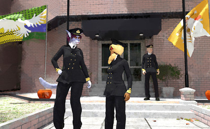 anthro brick_building brick_wall celebration city clothed clothing dialogue duo_focus female flag group induction male outside trio uniform wall_(structure) wind perturbedmania natalie_whitlow canid canine canis domestic_dog human jackal mammal 3d_(artwork) daz_studio_(artwork) digital_media_(artwork) hi_res