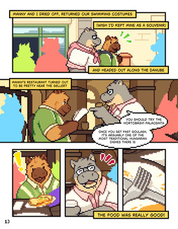 anthro brown_body brown_fur clothed clothing dialogue duo fur inside male outside overweight overweight_anthro overweight_male restaurant smile speech_bubble text conditional_dnp mabit gabe_(mabit) manny_(mabit) capybara caviid common_hippopotamus hippopotamid mammal rodent 2026 comic digital_media_(artwork) english_text hi_res pixel_(artwork)