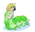 3_toes 5_fingers anthro black_eyes blonde_eyebrows blonde_hair blush blush_lines eyebrows feet female fingers fist green_body green_skin hair human_to_anthro larva mid_transformation mouth_closed multi_leg multi_limb nervous nude null shadow short_hair simple_background solo species_transformation tasteful_nudity toes transformation white_background dondedun arthropod caterpillar human insect mammal 2024 digital_drawing_(artwork) digital_media_(artwork)