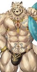 abs anthro facial_hair fur green_eyes hair inner_ear_fluff jewelry male markings muscular muscular_anthro muscular_male nipple_piercing nipples pecs piercing solo tan_body tan_fur tuft tamainu anothereidos_of_dragon_vein_r zacharoff_(anothereidos_r) canid canine canis mammal wolf absurd_res hi_res