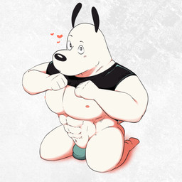 abs anthro biceps big_bulge big_muscles big_pecs black_nose blush bottomless bulge clothed clothing eyebrows fur genital_outline heart_symbol huge_bulge huge_muscles kneeling long_ears looking_at_viewer male muscular muscular_anthro muscular_arms muscular_male nipples pecs perspective presenting raised_clothing raised_eyebrow raised_shirt raised_tank_top raised_topwear shirt shirt_only simple_background solo tail tank_top tank_top_only thick_thighs topwear topwear_only underwear white_body white_fur yellow_omen nickelodeon t.u.f.f._puppy dudley_puppy canid canine canis domestic_dog mammal 1:1 2025 colored digital_drawing_(artwork) digital_media_(artwork) full-length_portrait hi_res portrait shaded signature