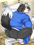 anthro balls belly big_belly black_body black_fur black_nose blush bodily_fluids brown_body brown_fur butt clothing fur genital_fluids genitals hoodie kemono male overweight overweight_anthro overweight_male peeing penis solo squat_toilet topwear urine white_body white_fur tanutronik753_k bernese_mountain_dog canid canine canis domestic_dog mammal molosser mountain_dog swiss_mountain_dog 2020 3:4 hi_res