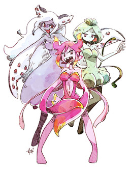 4_tentacles bare_shoulders belly_cutout blue_body blue_clothing blue_dress breasts cleavage clothed clothing cutout dress female goo_hair green_body green_clothing green_dress green_hair group hair hand_behind_back head_tentacle leggings legwear leotard long_pseudo_hair looking_at_viewer midriff navel open_mouth open_smile pink_body pink_pseudo_hair pseudo_hair red_eyes sharp_teeth simple_background smile strapless_clothing strapless_dress strapless_leotard suckers teeth tentacle_arms tentacles trio under_boob white_background white_pseudo_hair zunda omori_(game) marina_(omori) medusa_(omori) molly_(omori) animal_humanoid aquatic aquatic_humanoid cephalopod cephalopod_humanoid cnidarian cnidarian_humanoid goo_creature humanoid jellyfish_humanoid medusozoan medusozoan_humanoid mollusk mollusk_humanoid octopus_humanoid hi_res painting_(artwork) watercolor_(artwork)