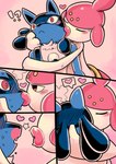 ambiguous/ambiguous ambiguous_gender anthro bodily_fluids dog_ears dreadlocks duo hug humanoid_on_anthro interrobang kiss_mark kissing kissing_cheek kissing_on_lips lips lipstick makeup making_out sweat sweatdrop thick_lips wide_hips powerandy nintendo pokemon canid canine generation_3_pokemon generation_4_pokemon humanoid lucario mammal medicham pokemon_(species) absurd_res comic hi_res
