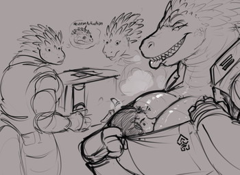 anthro bedroom_eyes belt big_breasts big_dom_small_sub biped black_eyes bodily_fluids bodysuit breasts breath clothed clothing dominant dominant_female emblem female grin grinning_at_viewer group hair head_spikes inside_clothing jumpsuit larger_anthro larger_female larger_humanoid looking_at_viewer male male/female musk musk_cloud narrowed_eyes non-mammal_breasts pheromones reactions seductive sharing_clothing sharp_teeth size_difference skinsuit smile smiling_at_viewer spikes spikes_(anatomy) stare sweat teeth text thought_bubble tight_clothing tongue tongue_out under_clothes wide_eyed doctordj assignment_risk_(series) neuron_activation alien daxy human humanoid lizard mammal reptile scalie english_text hi_res meme monochrome