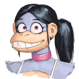 anthro bangs choker ear_piercing ear_ring eyebrows eyelashes female hair jewelry looking_at_viewer necklace piercing pink_choker pink_eyes pink_jewelry pink_necklace ponytail ring_piercing smile smiling_at_viewer solo redustheriotact beth_(redustheriotact) haplorhine mammal monkey primate hi_res shaded