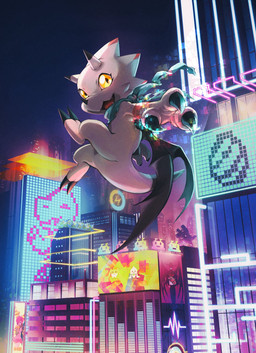 anthro city cityscape claws detailed_background flying horn kerchief male neckerchief neckwear night open_mouth open_smile smile solo tail white_body wings yellow_eyes kubota_keita bandai_namco digimon digimon_(species) gammamon hi_res