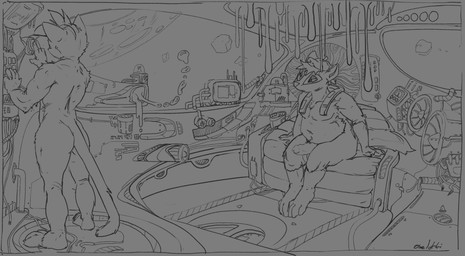 anthro belly big_belly butt casual_erection casual_nudity clothing duo erection futuristic genitals hair hat headgear headwear humanoid_genitalia humanoid_penis male messy_hair mouth_closed narrowed_eyes navel nude overweight overweight_anthro overweight_male penis pushbutton science_fiction short_hair sitting social_nudity oselotti oselotti_(character) vince_(thefandox) badger domestic_cat felid feline felis mammal mustelid musteline absurd_res hi_res monochrome signature