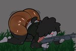 absurd_res anthro bent_over big_butt black_hair bovid butt butt_from_the_front caprine clothed clothing gun hair hair_over_eyes hi_res holding_gun holding_object holding_ranged_weapon holding_weapon huge_butt isolatedartest male mammal ranged_weapon sheep solo tom_(isolatedartest) weapon