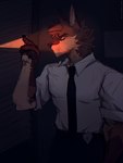 black_necktie brown_body brown_fur clothing dark fur male multicolored_body multicolored_fur necktie police_badge rolled_up_sleeves shirt solo topwear white_clothing white_shirt white_topwear yellow_eyes k41bvtsv canid canine canis mammal wolf hi_res