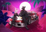 anthro black_body black_fur black_nose car clothed clothing duo female fur green_eyes hair male smile synthwave vehicle white_body white_fur white_hair furlana nissan nissan_gtr nissan_gtr_lm nissan_skyline lagomorph leporid mammal rabbit 2020 digital_media_(artwork)