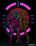 armor bedroom_eyes black_background blonde_hair blonde_mane club_(weapon) cybernetics dryer duo fantasy female female/female food green_hair hair machine mane melee_weapon narrowed_eyes nightstick pink_eyes purple_eyes retro romantic romantic_couple science_fiction seductive simple_background standing tail weapon yellow_tail criegrrunov android animatronic cyborg felid fish lion mammal marine pantherine robot shark absurd_res hi_res