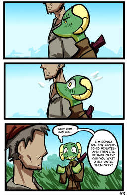anthro clothed clothing dialogue duo female horn male melee_weapon speech_bubble sword text weapon yellow_eyes brradett lernie_(brradett) human mammal scalie absurd_res colored comic digital_media_(artwork) english_text hi_res