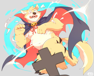 4_fingers 4_toes anthro bodily_fluids cape clothing convenient_censorship feet fingers front_view fur grey_background magic male midair navel nipples open_mouth red_eyes simple_background slightly_chubby solo tears toes torn_clothing yellow_body yellow_fur o-ro canid canine mammal vampire 2017 hi_res