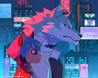 anthro black_collar building chest_tuft city collar detailed_background duo female fur male multicolored_body neon_lights outside parody text tuft two_tone_body conditional_dnp riska_(artist) activision beastars brand_new_animal spyro_the_dragon studio_trigger michiru_kagemori shirou_ogami canid canine canis mammal raccoon_dog tanuki wolf 2020 absurd_res hi_res shaded url