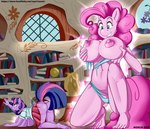 2019 absurd_res all_fours annoyed anthro anthrofied barefoot big_breasts bodily_fluids book bottomwear breast_expansion breasts butt clothing duo equid equine expansion feet female friendship_is_magic green_eyes growth hair hand_on_breast hasbro hi_res horn horse inside mammal my_little_pony mythological_creature mythological_equine mythology navel nipples nosch pink_hair pinkie_pie_(mlp) pony shirt skirt smile sweat sweatdrop topwear torn_clothing twilight_sparkle_(mlp) underwear unicorn