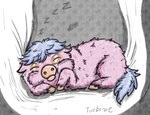 ambiguous_gender bedding blanket blue_hair feral fur hair pink_body pink_fur sleeping solo sound_effects vowelless vowelless_sound_effect zzz infraredturbine fluffy_pony fluffy_pony_(species) mammal hi_res signature