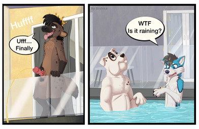 animal_genitalia animal_penis anthro balcony balls bodily_fluids brown_body canine_genitalia canine_penis crown dialogue erection fur genital_fluids genitals group hair headgear headgear_only holding_penis humor looking_pleasured male male_peed_on male_peeing male_peeing_on_male markings nude omorashi open_mouth outside partially_submerged peeing peeing_on_another penis sheath smile speech_bubble spots standing swimming_pool tail teeth text tongue tongue_out trio urine urine_drip urine_on_face urine_stream watersports wet white_body dishka bulldog canid canine canis domestic_dog husky hyena mammal mastiff molosser nordic_sled_dog spitz spotted_hyena comic digital_media_(artwork) english_text