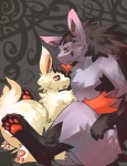 ambiguous_gender anthro cuddling duo fur grey_body grey_fur markings open_mouth orange_markings paws red_eyes tail white_body white_fur kosian nintendo pokemon generation_3_pokemon mammal mightyena pokemon_(species) zangoose