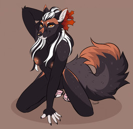 anthro areola barbell_piercing breasts facial_tuft female genitals nipple_dip nipple_piercing nipples nude piercing pose solo tuft vulva hoccult nyxia_(obskur) canid canine cross_fox fox mammal red_fox true_fox hi_res pinup