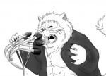 angry clothed clothing electronics fur leucistic male microphone muscular muscular_male open_clothing open_shirt open_topwear shirt solo text topwear hysk panja felid lion mammal pantherine monochrome