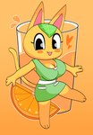 anthro beverage big_breasts blush blush_stickers breasts cleavage clothed clothing female heart_symbol juice_(beverage) looking_at_viewer orange_juice orange_slice solo onibi animal_crossing nintendo tangy_(animal_crossing) domestic_cat felid feline felis mammal absurd_res hi_res