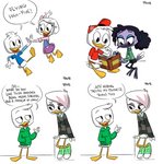 book bottomless bottomwear clothed clothing dialogue female footwear freckles furgonomics group hat headgear headwear hoodie male pants shirt shoes skirt t-shirt tail tail_through_skirt text topwear vest frava8 disney ducktales ducktales_(2017) dewey_duck huey_duck lena_(ducktales) louie_duck violet_sabrewing webby_vanderquack anatid anseriform apodiform avian bird duck hummingbird comic english_text hi_res cousins_(lore)