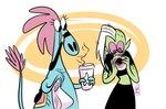 beverage blue_body blue_skin bottomwear clothed clothing dessert doughnut duo eyelashes female fingers food freckles hair humanoid_pointy_ears long_hair midriff noseless pastry pink_eyes pink_sclera pointy_ears topwear white_hair wi-fu disney wander_over_yonder lord_dominator sylvia_(wander_over_yonder) alien alien_humanoid humanoid zbornak 2016 signature