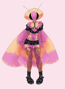 alternative_fashion anthro black_clothing black_eyes clothing collar compound_eyes exoskeleton female fishnet_clothing fishnet_legwear goth insect_wings legwear looking_at_viewer pink_background pink_body simple_background solo spiked_collar spikes wings sun_bug arthropod insect lepidopteran moth absurd_res hi_res