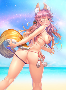 anus bikini bikini_pull blush breasts butt clothing clothing_pull day female genitals hair looking_at_viewer looking_back looking_back_at_viewer nipples one_eye_closed outside pink_hair presenting presenting_vulva rear_view solo swimwear swimwear_pull tongue tongue_out two-piece_swimsuit vulva water wink yellow_eyes lucknight fate_(series) type-moon caster_tamamo-no-mae animal_humanoid canid canid_humanoid canine canine_humanoid fox_humanoid humanoid mammal mammal_humanoid 2017 hi_res