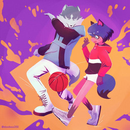 anthro ball basketball basketball_(ball) blue_eyes blue_hair clothed clothing duo female footwear fur hair hoodie male male/female orange_body orange_fur romantic romantic_couple shoes sneakers streetwear topwear white_body white_fur dooboo brand_new_animal studio_trigger michiru_kagemori shirou_ogami canid canine canis mammal raccoon_dog tanuki wolf 1:1