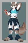 anthro beverage clothed clothing hand_behind_head holding_beverage holding_object male shirt simple_background solo topwear joeyzliaotang canid canine canis mammal wolf absurd_res hi_res