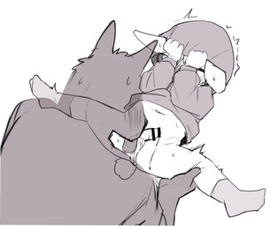 anthro ball_lick balls blush bodily_fluids bottomless bottomless_male censored_genitalia censored_penis clothed clothing covering covering_face duo embarrassed erection eyewear footwear genital_fluids genitals glasses hoodie licking male male/male navel oral precum sex simple_background socks spread_legs spreading tail tongue topwear white_background young young_anthro young_male manmosu_marimo canid canine canis domestic_dog lagomorph leporid mammal rabbit 2026 censored greyscale hi_res japanese_description monochrome
