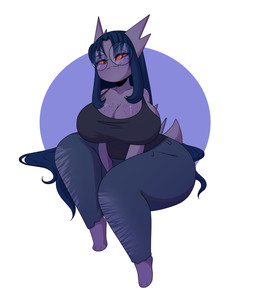 anthro big_breasts blue_hair bottomwear breasts cleavage clothed clothing eyewear female freckled_breasts freckles glasses hair long_hair looking_at_viewer pants purple_body red_eyes round_glasses shirt sitting smile solo tank_top thick_thighs topwear wide_hips seirva nintendo pokemon generation_1_pokemon gengar ghost pokemon_(species) spirit absurd_res hi_res