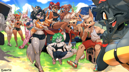 5_fingers anthro areola areola_slip big_breasts bikini biped black_body black_fur black_hair blonde_hair blue_eyes bottomwear breast_size_difference breasts brown_body brown_ears brown_fur car claws cleavage clothed clothing crop_top denim denim_bottomwear denim_clothing denim_shorts detailed_background drinking eyebrows eyelashes eyewear female feral finger_claws fingers flip_flops floppy_ears fluffy fluffy_tail footwear fur gesture glasses grass green_eyebrows green_eyes green_hair grey_body grey_ears grey_fur grey_tail group hair hand_gesture hand_on_another's_hip hand_on_hip hotpants jewelry kerchief long_ears long_hair long_tail looking_at_another looking_at_viewer machine male multicolored_body multicolored_fur navel neckerchief necklace neckwear open_mouth open_smile outside pink_areola pink_tongue plant ponytail purple_eyes red_hair sandals shirt shoes short_hair shorts sitting size_difference skimpy skunk_tail smile socks standing sunglasses swimwear tail tan_body tan_eyebrows tan_fur tan_hair tan_tail tank_top thick_thighs thong_straps tight_clothing tongue topwear tree tube_top two-piece_swimsuit v_sign vehicle white_body white_fur white_hair white_tail wide_hips yellow_eyes oughta astrid_(oughta) blip_(oughta) chun_jin_(oughta) effie_(oughta) lucia_(oughta) marie_(oughta) mb_(oughta) otto_(oughta) sabriana_(oughta) salem_(oughta) salmoura_(oughta) sawyer_(oughta) sena_(oughta) bovid canid canine canis caprine domestic_cat domestic_dog felid feline felis fox lagomorph leporid lynx mammal rabbit robot sheep 2025 absurd_res hi_res