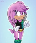 anthro belt boots bottomless breasts cleavage clothed clothing countershading cybernetic_arm cybernetic_limb cybernetics eyelashes female footwear fur gloves handwear machine pink_body pink_fur pink_tail purple_eyes shirt shoes simple_background small_breasts smile solo sparkles tail tank_top topwear hot-shelter archie_comics sega sonic_the_hedgehog_(archie) sonic_the_hedgehog_(comics) sonic_the_hedgehog_(series) julie-su cyborg echidna mammal monotreme hi_res watermark