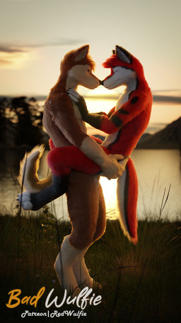 5_fingers anthro biped black_claws black_nose brown_body brown_fur carrying_another carrying_partner carrying_person carrying_position claws digitigrade fingers fluffy forest fur gloves_(marking) hair lake landscape landscape_background male male_anthro markings outside pawpads paws plant realistic red_body red_fur romantic sky sunset tail tree water whiskers white_body white_fur white_whiskers red_wulfie red_(red_wulfie) canid canine canis domestic_dog mammal wolf 3d_(artwork) 4k 9:16 absurd_res blender_(artwork) blender_cycles_(artwork) digital_media_(artwork) hi_res watermark