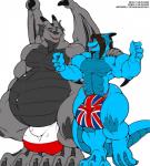 anthro belly bulge clothing colored_nails dialogue duo flag flag_clothing flag_print flag_underwear male membrane_(anatomy) membranous_wings musclegut muscular nails overweight print_clothing print_underwear simple_background strolling tail text thong underwear united_kingdom walking white_background wings deonwolf mythology beta_tyson gorix dragon mythological_creature mythological_scalie scalie english_text hi_res