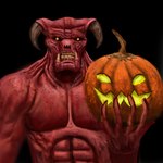 2_horns 5_fingers abs anterior_nasal_aperture bared_teeth big_muscles black_background black_horn fangs fingers front_view frown holding_object holidays horn jack-o'-lantern looking_at_viewer male muscular muscular_chest muscular_male orange_eyes red_body red_skin simple_background solo teeth yellow_teeth pixel_axel doom_(series) halloween id_software microsoft baron_of_hell demon 1:1 2024 absurd_res digital_media_(artwork) digital_painting_(artwork) half-length_portrait hi_res painting_(artwork) portrait