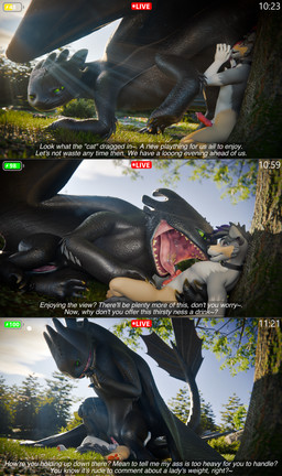 all_fours ambiguous_fluids anthro bestiality black_body bodily_fluids claws clock detailed_background dialogue dominant dominant_female dominant_feral dripping duo facesitting female feral gaping genital_fluids genitals green_eyes knot knotted_penis licking lying male male/female membrane_(anatomy) membranous_wings on_side oral penetration penile penile_penetration penis penis_in_vagina penis_lick pinned pinned_to_wall precum precum_drip saliva sex sitting sitting_on_another submissive submissive_anthro submissive_male sun tail text time_lapse tongue vaginal vaginal_penetration vulva wings dewith dreamworks european_mythology how_to_train_your_dragon mythology damian_(colliedoggo) canid canine canis collie domestic_dog dragon fury_(httyd) herding_dog mammal mythological_creature mythological_scalie night_fury pastoral_dog scalie sheepdog western_dragon 3d_(artwork) absurd_res blender_(artwork) blender_cycles_(artwork) comic digital_media_(artwork) hi_res subtitled