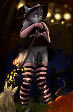 anthro balls biped black_nose broom bulge cleaning_tool clothed clothing crossdressing fangs femboy fence feral flaccid food frenum_ladder frenum_piercing fruit genital_piercing genitals grass grey_hair hair hat headgear headwear holidays humanoid_genitalia humanoid_penis ladder_piercing legwear magic_user male mostly_nude night open_mouth outside panties penis penis_piercing piercing plant pumpkin scared shota shy solo standing stockings studs teeth thigh_highs tongue tree underwear witch witch_hat young mishabahl halloween mythology venison_belevik amphibian cervine deer fire_salamander mammal mythological_creature mythological_salamander mythological_scalie salamander scalie tufted_deer digital_drawing_(artwork) digital_media_(artwork) hi_res