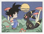 clothing duo eye_contact feral footwear fungus grass looking_at_another male moon mushroom night plant sky star starry_sky tail wesatinthecar dragon_ball nintendo pokemon goku eeveelution generation_2_pokemon human humanoid mammal pokemon_(species) umbreon crossover hi_res