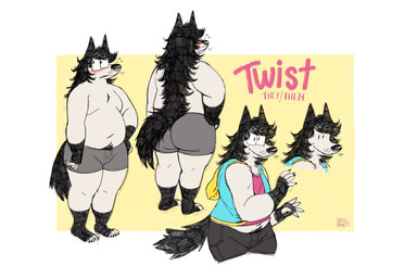 anthro backpack belly big_butt black_hair blue_clothing blue_jacket blue_topwear blush butt clothing dot_eyes eyewear glasses hair jacket long_hair male overweight overweight_anthro overweight_male pink_clothing pink_shirt pink_topwear pronouns shirt shy simple_background simple_eyes slightly_chubby slightly_chubby_male solo topwear yellow_backpack twistcmyk twist_(chougie) canid canine canis mammal wolf hi_res model_sheet