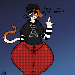 anthro beanie big_breasts black_body black_ears black_eyebrows black_eyes black_fingernails black_fur black_nails bodily_fluids bottomwear breasts clothing colored_nails dipstick_tail ear_piercing eyebrows eyelashes female fingernails fur gesture hand_gesture hat headgear headwear hoodie huge_hips long_tail markings middle_finger multicolored_body multicolored_fur nails narrowed_eyes orange_body orange_ears orange_eyes orange_fur orange_tail pants piercing solo speech_bubble sweat sweatdrop tail tail_markings text thick_thighs topwear two_tone_tail white_body white_fur white_tail wide_hips ghostfuckrr epic_games fortnite meow_skulls domestic_cat felid feline felis mammal absurd_res english_text hi_res