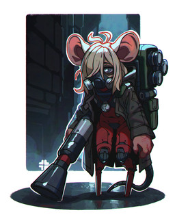 4_fingers ahoge alley anthro backpack bangs big_ears bottomless bottomless_anthro bottomless_female clothed clothing countershading cybernetic_leg cybernetic_limb eyebrows featureless_crotch female female_anthro fingers gas_mask glistening glistening_eyes grey_eyes gun hair hair_over_eye holding_gun holding_object holding_ranged_weapon holding_weapon jacket jacket_only jewelry long_bangs looking_at_viewer mask messy_hair necklace one_eye_obstructed pegleg pose ranged_weapon red_body segmented_tail side_bangs simple_background solo standing topwear topwear_only weapon white_hair polygoncherub pocket_(polygoncherub) mammal murid murine rat robot_anthro rodent 2025 colored detailed digital_drawing_(artwork) digital_media_(artwork) full-length_portrait hi_res portrait shaded